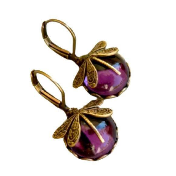 Purple Dragonfly Earrings Vintage Victorian Style Glass & Gold Metal Insect NEW - Picture 1 of 9